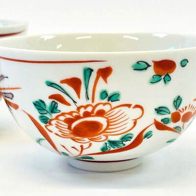 九谷焼 組飯碗 赤絵 伝統色絵磁器 九谷五彩 手描き 一点もの ご飯茶碗 F6P-2868