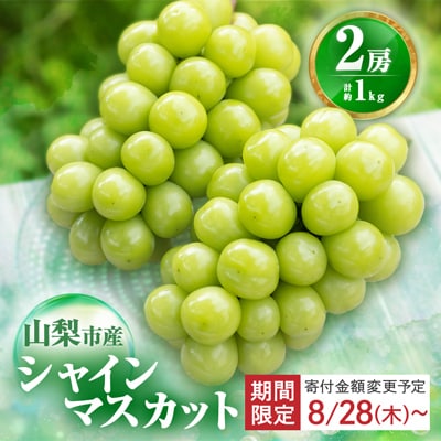 農福連携 シャインマスカット2房(2房合計1kg程度)山梨市【ふるさと納税】
