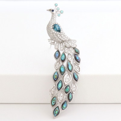 K18WG孔雀ブローチ【D1.25ct・RB0.54ct・P0.05ct】