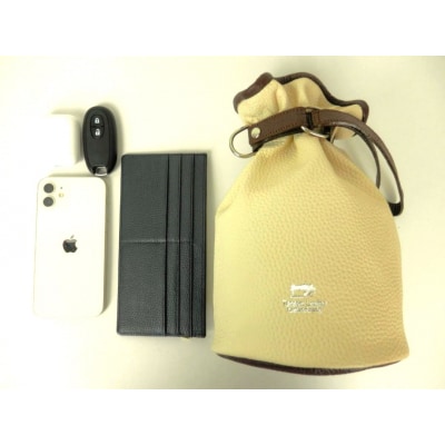 本革巾着バッグ※オフホワイト/ブラウン　F-58