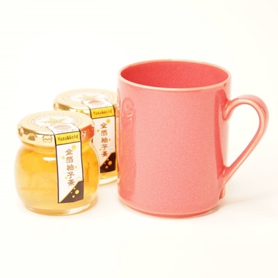 富士川町のゆず湯セット(金箔柚子茶・ドライジーマグカップ桃 /山梨県 Ugadell Design)