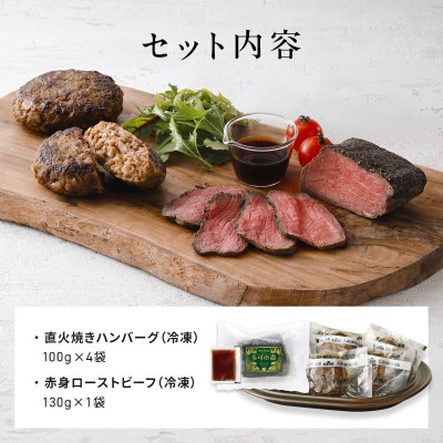 老舗肉屋の直火ローストビーフ1個&国産牛ハンバーグ4個セット(和風タレ付)