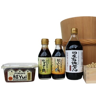 自然栽培みそ「結」と国産有機醤油、ゆずポン酢、だし醤油詰め合わせ