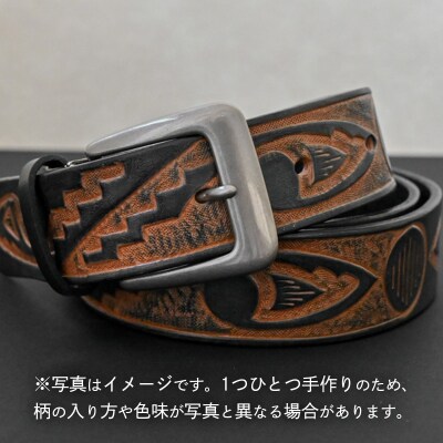 牛革ベルト インディアン槍模様 紺かすれ染め [BE038ya-M]