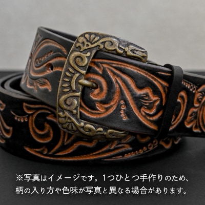 牛革ベルト 黒かすれ染め内彫 [BE043ya-M]