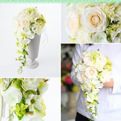 ホワイトとグリーンのキャスケードブーケ(ブートニアにも使える小花付き)　D67001