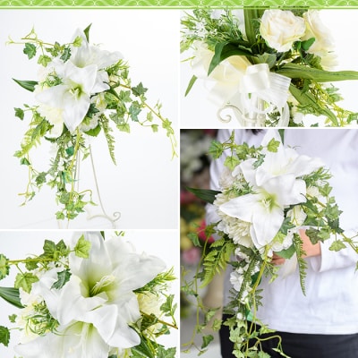 カサブランカとグリーンのキャスケードブーケ(ブートニアにも使える小花付き)　C67007