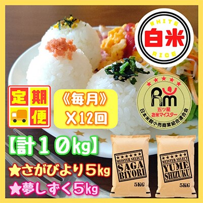 【毎月定期便】白米さがびより・夢しずく各5kg《お米マイスター厳選》(みやき町)全12回_SS387