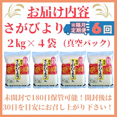 【2ヵ月毎定期便】【無洗米】さがびより2kg×4袋 真空パック【特A評価】全6回_SS596