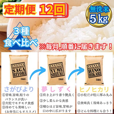 【毎月定期便】3種食べ比べ【無洗米】毎月5kg さがびより⇒夢しずく⇒ヒノヒカリ全12回_SS608