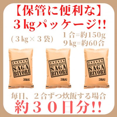【毎月定期便】無洗米さがびより3kg×3袋 五つ星お米マイスター厳選(みやき町)_SS725全10回