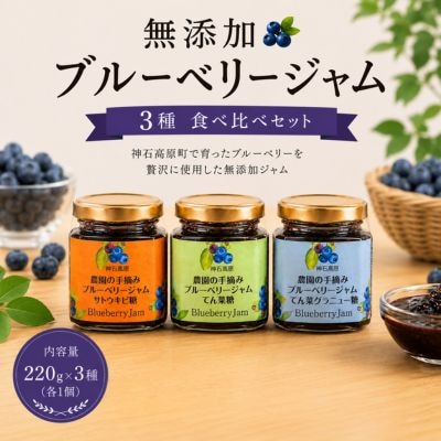 無添加ブルーベリージャム3種食べ比べセット(グラニュー糖、さとうきび糖、てんさい糖) 220g×3種