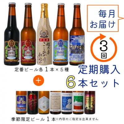 ビール スワンレイクビール 3回定期便 世界一金賞受賞入り&季節限定ビール入り飲み比べ6本セット