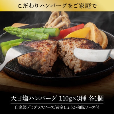 温めるだけ　食べ比べ!黒毛和牛と美鮮豚の天日塩ハンバーグ3種セット各1個