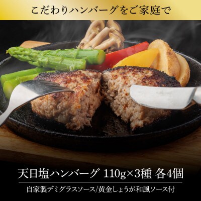 食べ比べ黒毛和牛と美鮮豚の天日塩ハンバーグ3種各4個(110g×12パック)【CDM017】