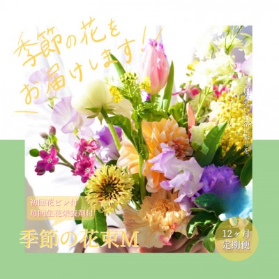 【毎月定期便】芸西村産季節の生花花束　ブーケM　初回花瓶付　毎回延命剤付【t156tmf】　全12回
