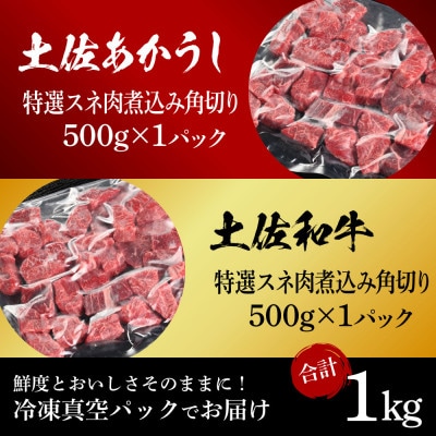 土佐あかうし&土佐牛2種食べ比べ　スネ肉煮込み角切り500g　計2パック【TKA288】