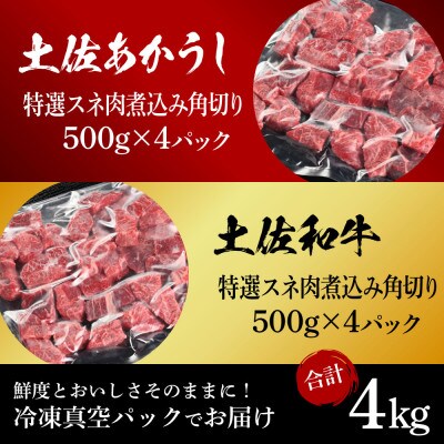 土佐あかうし&土佐牛2種食べ比べ　スネ肉煮込み角切り500g　計8パック【TKA290】