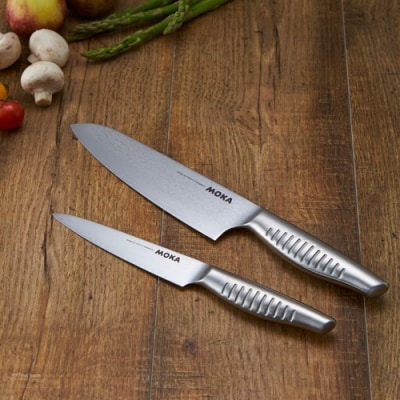 MOKA ダマスカス包丁2点セット(三徳+ペティ) オールステンレス|一体型