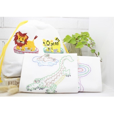 手刺繍巾着と刺し子布巾セット