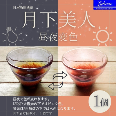 手作りガラス ぐい呑み 月下美人 昼夜変色/水色→ピンク 耐熱お猪口なので日本酒・冷酒どちらでも