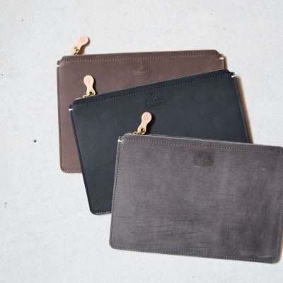 本革スクエアポーチ L スモーク ブラック 国産レザー Teha’amana