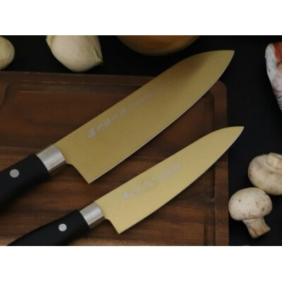 【濃州正宗作】チタンコーティング包丁2点セット (ゴールドカラー) 