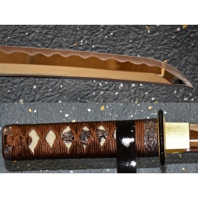 観賞用模造刀(短刀・前差し)金茶 刀掛け付　( 濃州堂 )