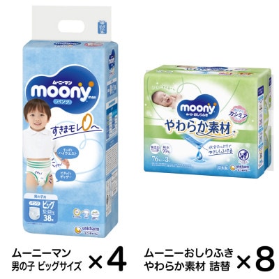 ムーニーマン男の子ビッグ(38枚×4袋)・ムーニーおしりふきやわらか素材詰替(76枚入3パック×8個