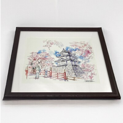 弘前城と下乗橋の複製画イラスト1枚(額縁付き)|24_asi-030101