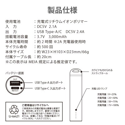 【ネイビー】スティック型モバイルバッテリー 3000mAhPG-LBJ30A