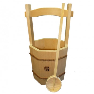 【池田木材】天然木曽ひのき 八角手付き木桶+柄杓のセット