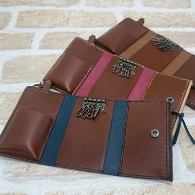 手縫いの本革「オリジナルキーケース&ミニ財布」【カラー:ラズベリー】