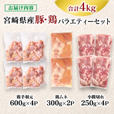 宮崎県産豚肉&鶏肉3種4kgセット(小間切れ/手羽元/胸肉)[2942]