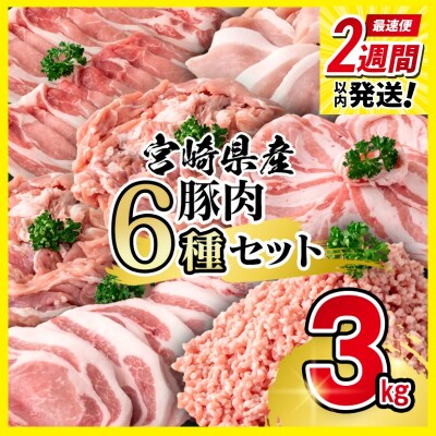 2週間発送!宮崎県産豚肉 6種バラエティ3kgセット小分けスライス/とんかつ/ミンチ等[2943]