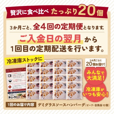 【4回定期便】どっちのハンバーグ(デミグラスソース)20個【ビーフ・合挽 各10個】