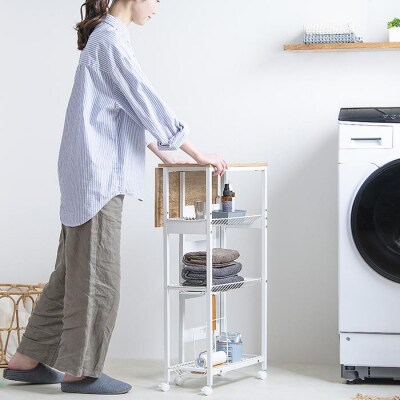 天板付きランドリーワゴン　スリムタイプ　ワイヤーラック付TLAW-R220ホワイト