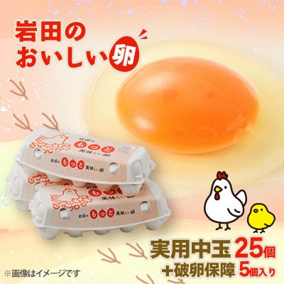 【毎月定期便】岩田のおいしい卵実用中玉25個+破卵保障5個(10個入り×3パック)全3回