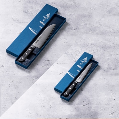 H110-04 源虎徹 銀彩ダマスカス 三徳&ペティ150mm 包丁2本セット(安田刃物)