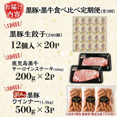 【3か月定期便】鹿児島黒豚(餃子とウインナー) と 鹿児島黒牛(ステーキ) の 食べ比べ 定期便