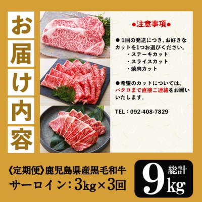 【3か月定期便】カットを選べる!鹿児島県産 黒毛和牛 サーロイン 半頭分 9kg(3kg×3回)  