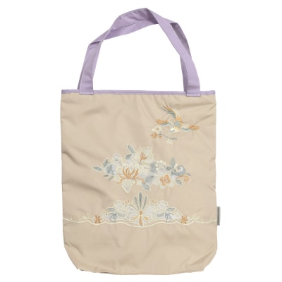 【シノワズリーモダン京都】花鳥オーガンジーカットワーク刺繍 防水・撥水トートバッグ モカ