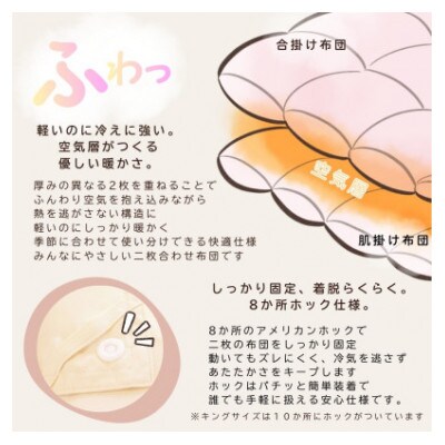 〈超長綿100%60番手生地サテン織〉二枚合わせ羽毛布団キング ホワイトダックダウン93%