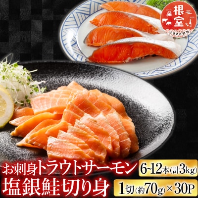 トラウトサーモン6～12本&塩銀鮭切り身1切×30P D-09040