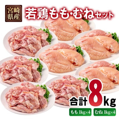 宮崎県産若鶏 もも肉 むね肉 合計8kg[2985]