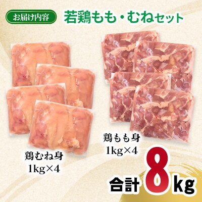 宮崎県産若鶏 もも肉 むね肉 合計8kg[2985]