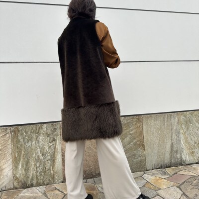 OKADA TEXTILE エコファー切り替え ロングベスト カーキブラウン