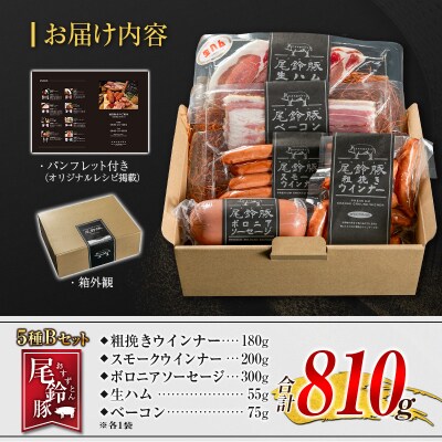 【PREMIUM PORK】 尾鈴豚 ハム ソーセージ 詰め合わせ 合計810g 5種 Bセット
