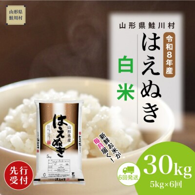 ＜8年産米先行受付＞令和8年10月中旬発送開始 はえぬき【白米】30kg(6回定期便)　鮭川村