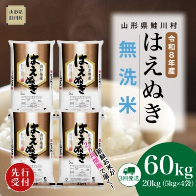 ＜8年産米先行受付＞令和9年1月下旬発送開始 はえぬき【無洗米】60kg(3回定期便)　鮭川村